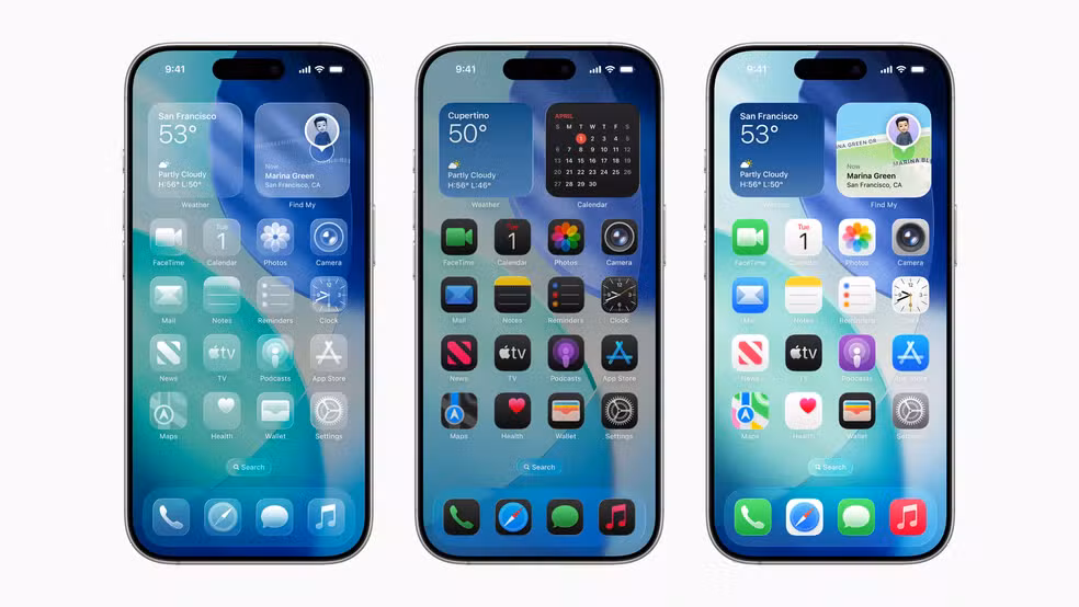 Tela inicial de iPhone com Liquid Glass da Apple